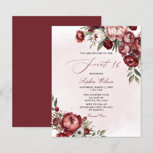 Budget Bourgogne Blush Floral Sweet 16 Invitation