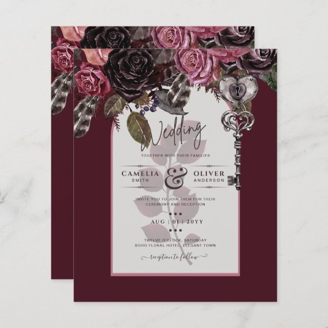 Budget Bourgogne Blush Floral Wedding Inviter SATI (Devant / Derrière)