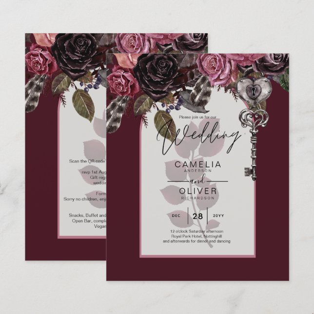 Budget Bourgogne Blush Floral Wedding Inviter SATI (Devant / Derrière)