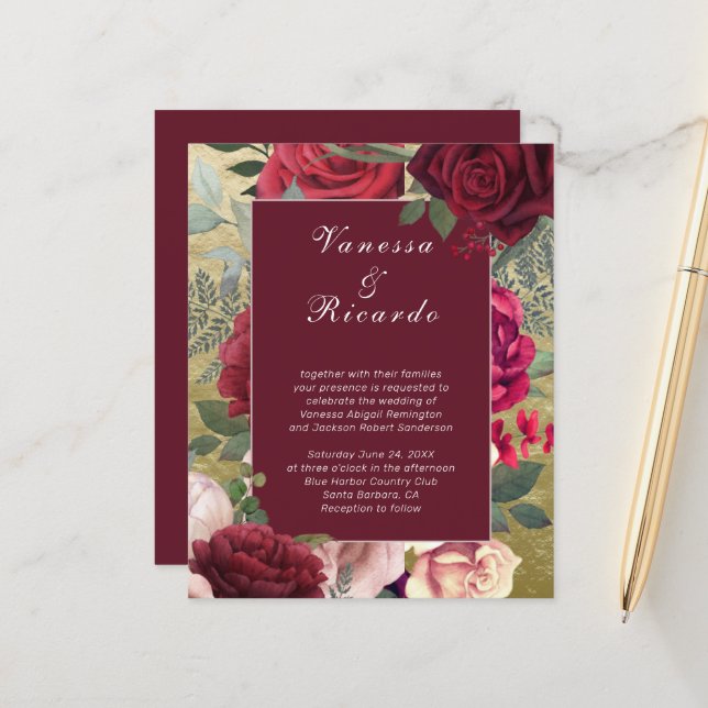 Budget Bourgogne Blush Red Roses Faire-part de mar (Devant/Arrière en situation)
