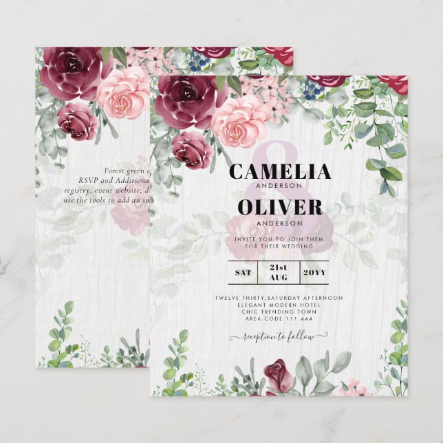 BUDGET Bourgogne Blush Rose Floral Wedding INVITE (Devant / Derrière)