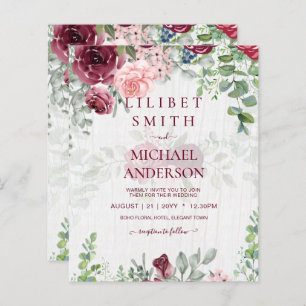 BUDGET Bourgogne Blush Rose Floral Wedding INVITE