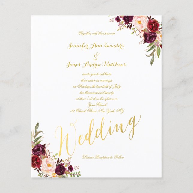 Budget Bourgogne Floral Gold Script Wedding Invita (Devant)