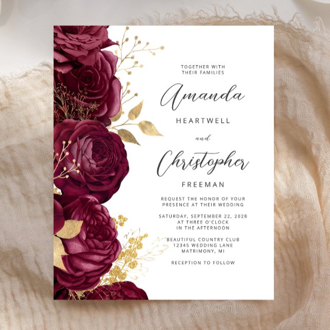 Budget Bourgogne Floral Gold Script Wedding Invita (Créateur téléchargé)