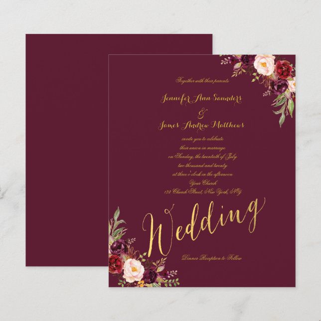 Budget Bourgogne Floral Gold Script Wedding Invita (Devant / Derrière)