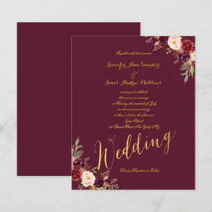 Budget Bourgogne Floral Gold Script Wedding Invita