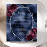Budget Bourgogne Floral Silver Navy Menu Mariage<br><div class="desc">Cet élégant menu mariage moderne présente un cadre géométrique argenté décoré de bouquets floraux bordeaux et argentés sur un arrière - plan bleu marine en imitation feuille. Le texte personnalisable combine écriture fantaisie gris argenté,  cuivre et polices italiques.</div>