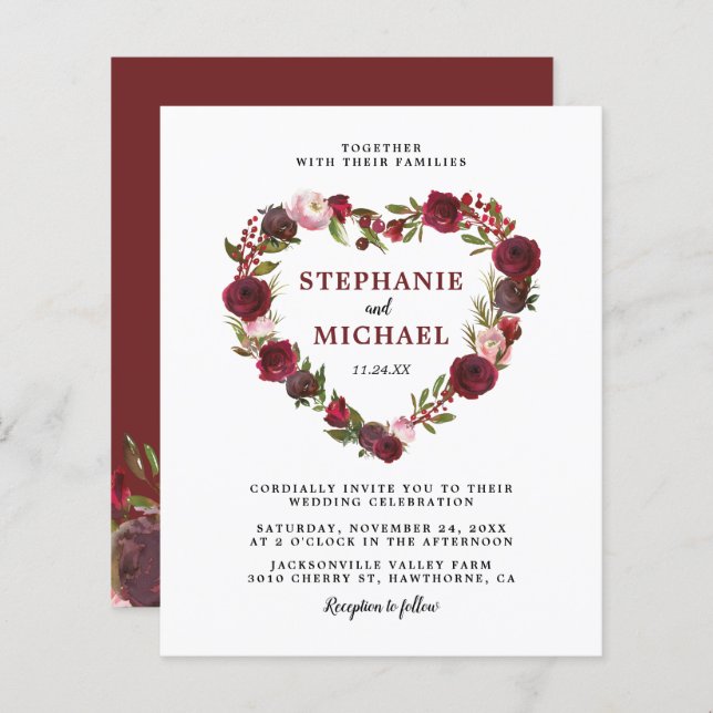 Budget Bourgogne Floral Wedding Invitations (Devant / Derrière)