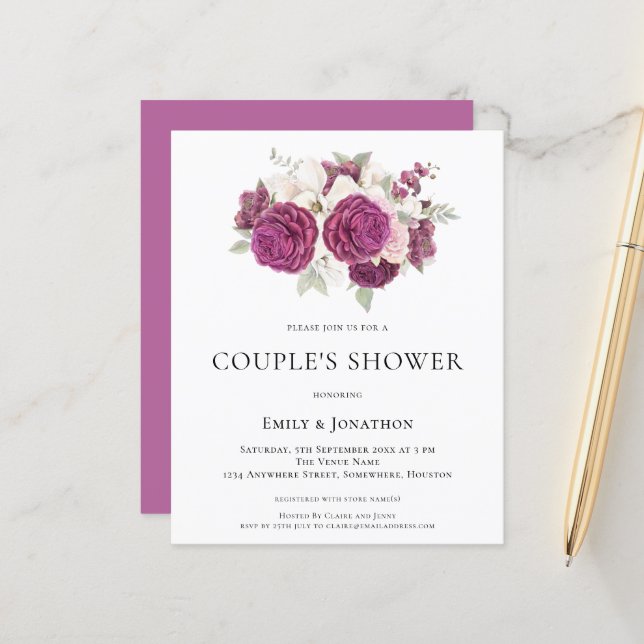 Budget Bourgogne Florals Couples Douche Invitation (Devant/Arrière en situation)