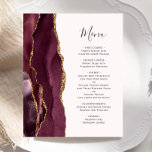 Budget Bourgogne Gold Agate Blush Mariage Menu<br><div class="desc">Le bord gauche de cet élégant menu mariage moderne comporte une bordure d'aquarelle rouge bordeaux ornée d'une parties scintillant en faux or. Le texte personnalisable combine un script d'écriture manuscrite gris fusain et des polices de cuivre sur un arrière - plan rose vif. L'envers est assorti d'un design d'agate bordeaux...</div>
