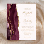 Budget Bourgogne Gold Agate Blush Wedding Invitati<br><div class="desc">Le bord gauche de cette élégante faire-part de mariage moderne est orné d'une bordure en aquarelle bordeaux et d'une parties scintillant en faux or. Le texte personnalisable combine écriture manuscrite couleur or, cuivre et polices italiques sur un arrière - plan rose vif. L'envers est assorti d'un design d'agate bordeaux et...</div>