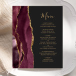 Budget Bourgogne Gold Agate Dark Mariage Menu<br><div class="desc">Le bord gauche de cet élégant menu mariage moderne comporte une bordure d'aquarelle rouge bordeaux ornée d'une parties scintillant en faux or. Le texte personnalisable combine un script d'écriture manuscrite de couleur or et des polices de cuivre sur un arrière - plan non noir. L'envers est assorti d'un design d'agate...</div>