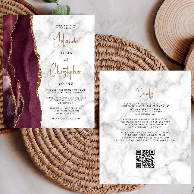 Budget Bourgogne Gold Agate Marbre QR Code Mariage (Créateur téléchargé)