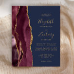 Budget Bourgogne Gold Agate Marine Wedding Invitat<br><div class="desc">Le bord gauche de cette élégante faire-part de mariage moderne est orné d'une bordure d'aquarelle bordeaux bordée d'une fausse parties scintillant dorée. Le texte personnalisable combine écriture manuscrite couleur or,  cuivre et polices italiques sur un arrière - plan bleu marine. L'envers est assorti d'un design d'agate bordeaux et or.</div>