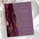 Budget Bourgogne Gold Agate Mauve Mariage Invitati<br><div class="desc">Le bord gauche de cette élégante faire-part de mariage moderne est orné d'une bordure en aquarelle bordeaux et d'une parties scintillant en faux or. Le texte personnalisable combine écriture manuscrite dorée, cuivre et polices italiques sur un arrière - plan mauve. L'envers est assorti d'un design d'agate bordeaux et or. REMARQUE...</div>