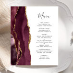 Budget Bourgogne Gold Agate Menu Mariage<br><div class="desc">Le bord gauche de cet élégant menu mariage moderne comporte une bordure d'aquarelle rouge bordeaux ornée d'une parties scintillant en faux or. Le texte personnalisable combine un script d'écriture manuscrite gris charbon et des polices de cuivre sur un arrière - plan blanc. L'envers est assorti d'un design d'agate bordeaux et...</div>