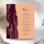 Budget Bourgogne Gold Agate Peach Mariage Menu<br><div class="desc">Le bord gauche de cet élégant menu mariage moderne comporte une bordure d'aquarelle rouge bordeaux ornée d'une parties scintillant en faux or. Le texte personnalisable combine un script d'écriture bordeaux et une police de cuivre gris fusain sur un arrière - plan pêche. L'envers est assorti d'un design d'agate bordeaux et...</div>