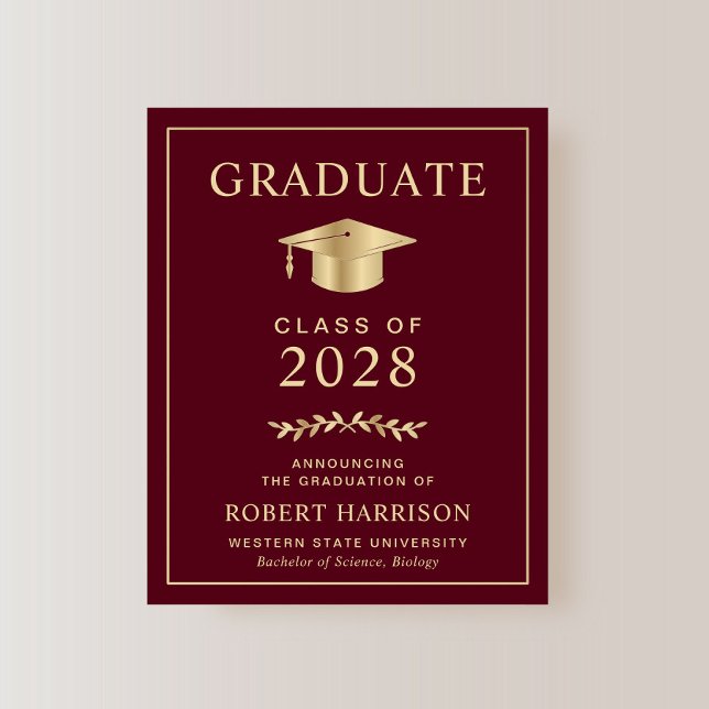 Budget Bourgogne Gold Graduation Faire-part (An elegant college graduation announcement to celebrate the graduate's achievements)