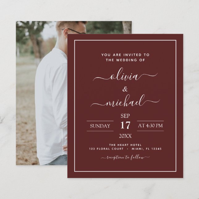 Budget Bourgogne Mariage avec invitation photo (Devant / Derrière)