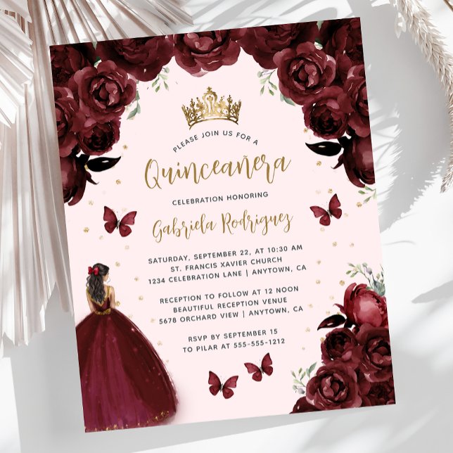 Budget Bourgogne Or Floral Princesse Quinceañera (Créateur téléchargé)
