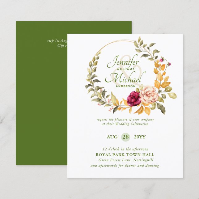 BUDGET Bourgogne Pêcher Floral Invitations de mari (Devant / Derrière)