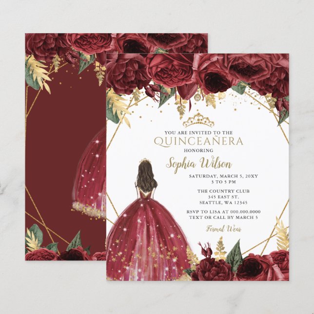 Budget Bourgogne Princesse Quinceañera Invitation (Devant / Derrière)