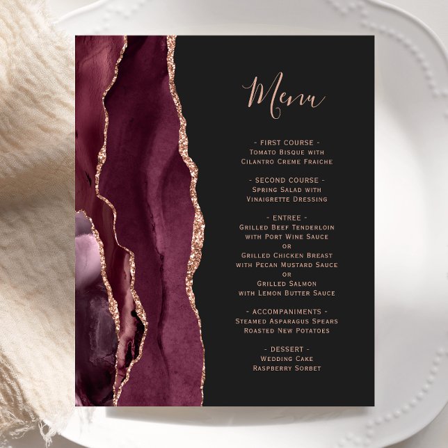 Budget Bourgogne Rose Gold Agate Dark Mariage Menu (Créateur téléchargé)