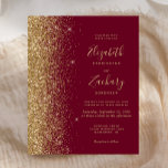 Budget Bourgogne Rouge or Parties scintillant de m<br><div class="desc">Le bord gauche de cette élégante faire-part de mariage moderne est orné d'une bordure de parties scintillant en faux or. Le texte personnalisable associe écriture manuscrite dorée,  copperplate et polices italiques sur un arrière - plan rouge bordeaux. L'envers est assorti d'un rouge bordeaux et d'un design doré.</div>