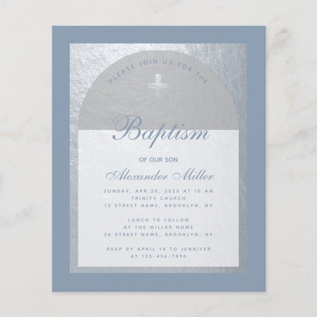 Budget Boy Baptism Dusty Blue Silver Invitation (Devant)