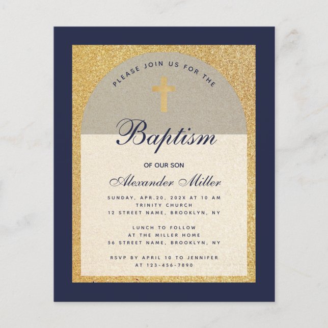 Budget Boy Baptism Marine Blue Gold Invitation (Devant)