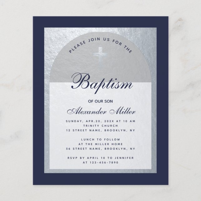 Budget Boy Baptism Silver Navy Blue Invitation (Devant)