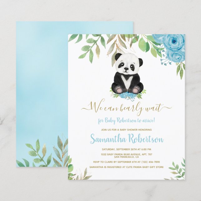 Budget Boy Bear Blue Flower Baby shower Invitation (Devant / Derrière)