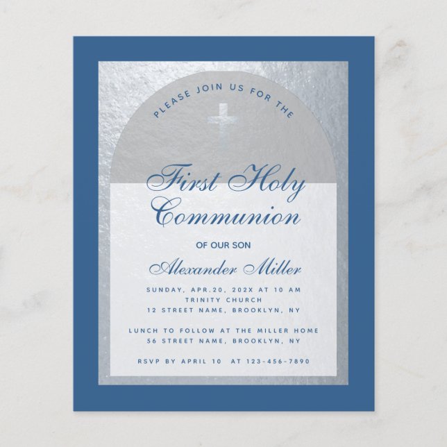Budget Boy First Communion Blue Silver Invitation (Devant)