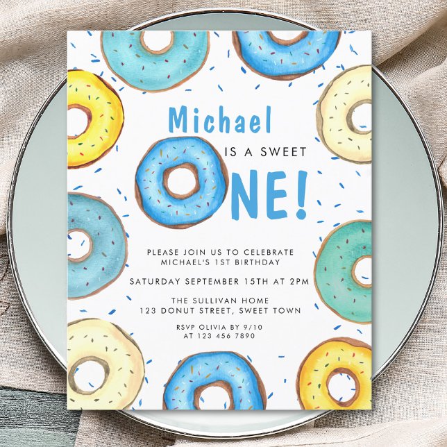 Budget Boy's First Birthday Blue Donut Invitation (Créateur téléchargé)
