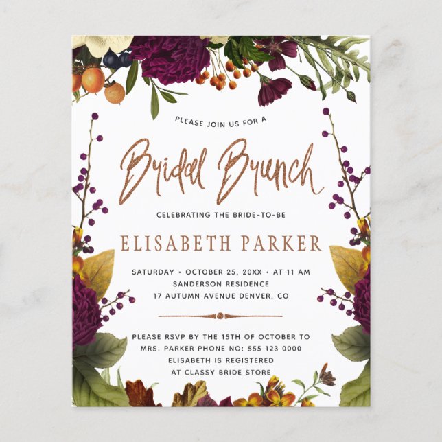 Budget bridal brunch automne nuptiale invitation (Devant)