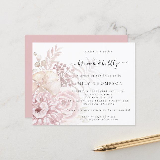 Budget Brunch Bubbly Floral Fête des mariées Invit (Devant/Arrière en situation)