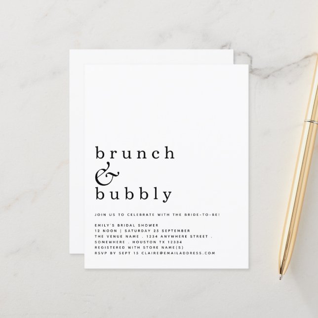 Budget Brunch Bubbly Simple Fête des mariées Invit (Devant/Arrière en situation)