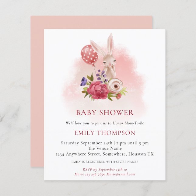 Budget Bunny Florals Baby shower rose Invitation (Devant / Derrière)