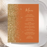 Budget Burange Orange Gold Parties scintillant Men<br><div class="desc">Le bord gauche de cet élégant menu mariage moderne présente une bordure de parties scintillant en faux or. Le texte personnalisable combine un script d'écriture fantaisiste couleur or et des polices de cuivre sur un arrière - plan orange brûlé. L'envers présente une parties scintillant orange brûlée et dorée assortie.</div>