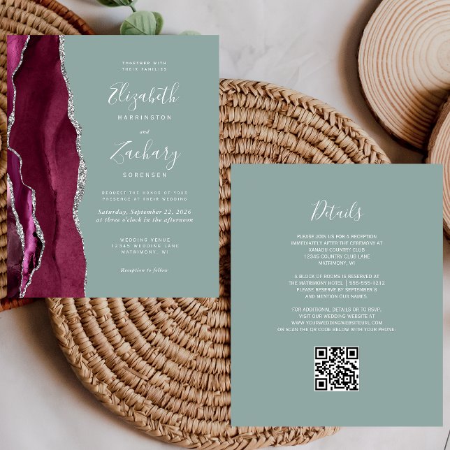 Budget Burgundy Argent Agate Sage QR Code Mariage (Créateur téléchargé)