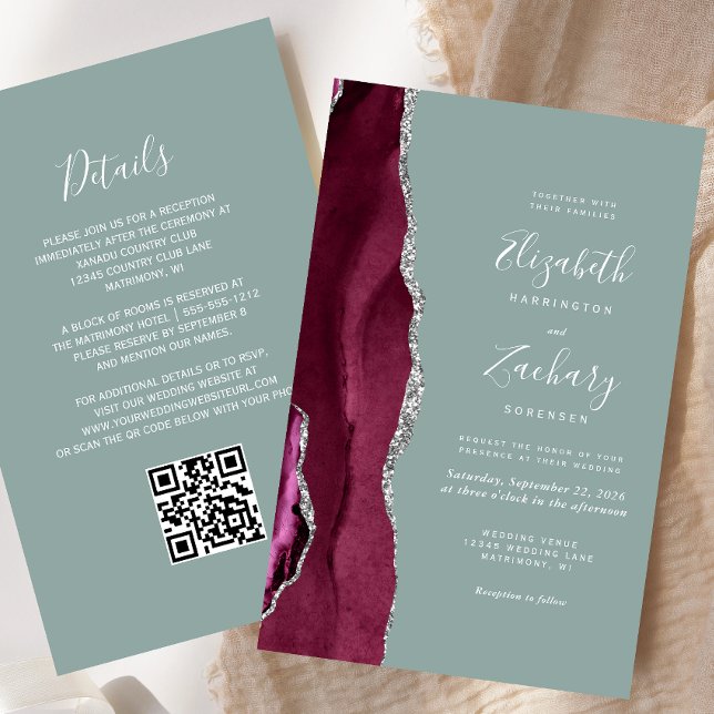 Budget Burgundy Argent Agate Sage QR Code Mariage (Créateur téléchargé)