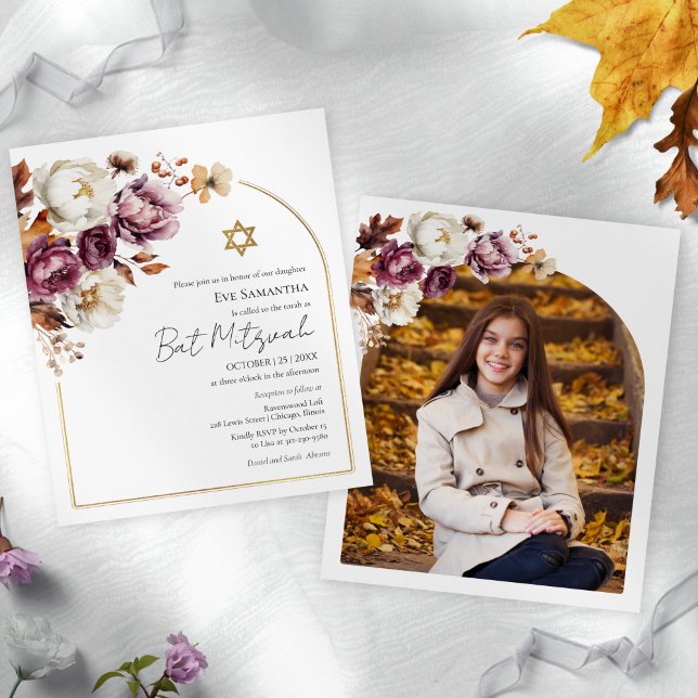Budget Burgundy Automne Bat mitzvah Photo Invitati (Créateur téléchargé)