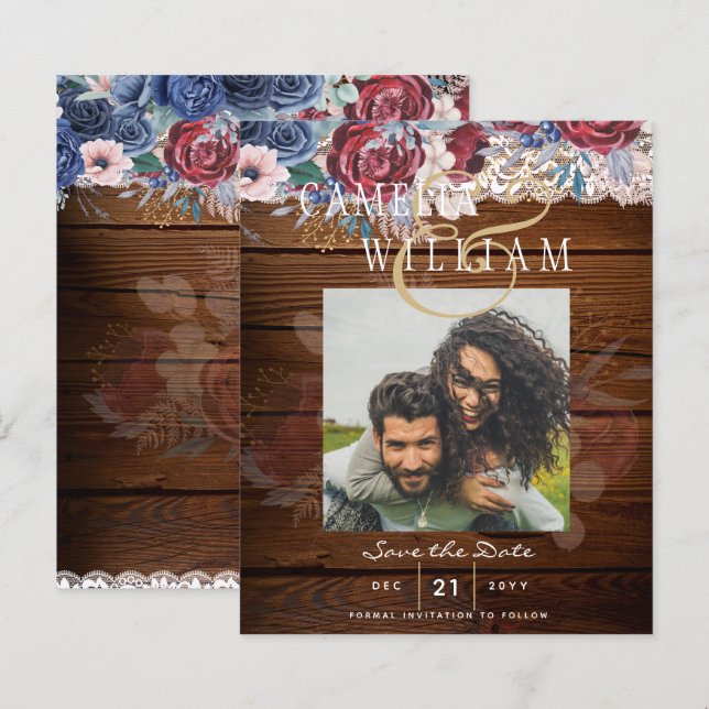 Budget Burgundy Blue Floral dentelle Mariage SAVE  (Devant / Derrière)