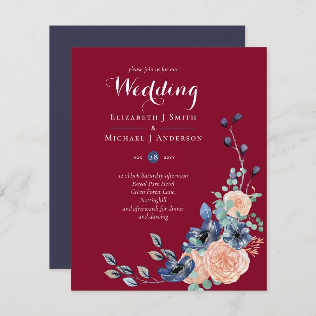 Budget Burgundy Blue Peach Floral Mariage (Devant / Derrière)