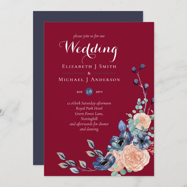 Budget Burgundy Blue Peach Floral Mariage (Devant / Derrière)