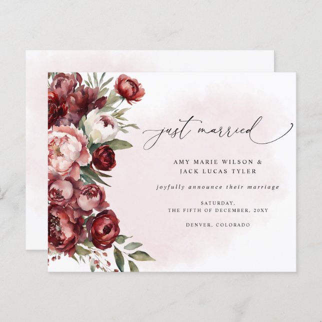 Budget Burgundy Blush Floral Mariage Faire-part (Devant / Derrière)