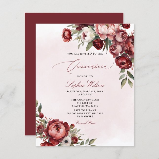 Budget Burgundy Blush Floral Quinceañera Invitatio (Devant / Derrière)