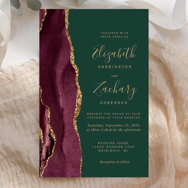 Budget Burgundy Gold Agate Green Wedding Invite (Créateur téléchargé)