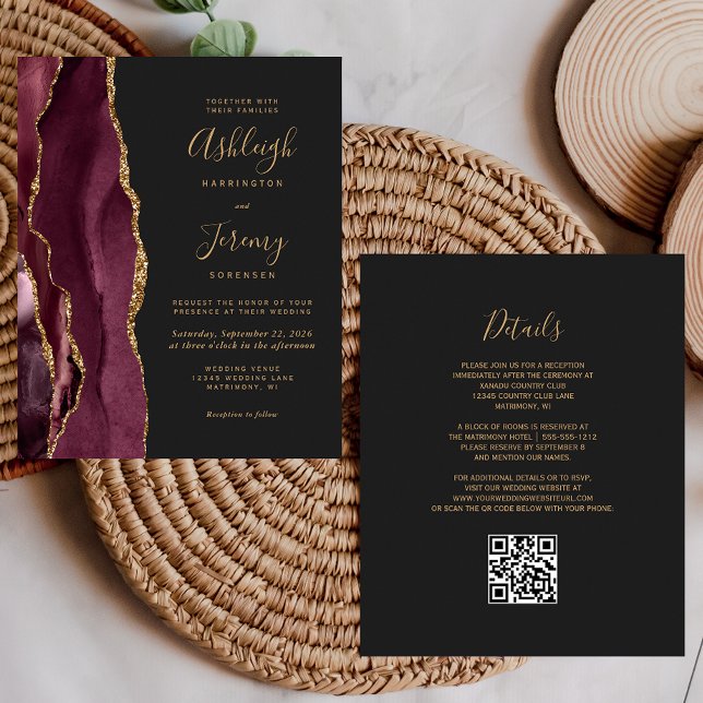 Budget Burgundy Gold Dark QR Code Wedding Invite (Créateur téléchargé)
