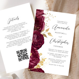 Budget Burgundy Gold Floral QR Code Mariage